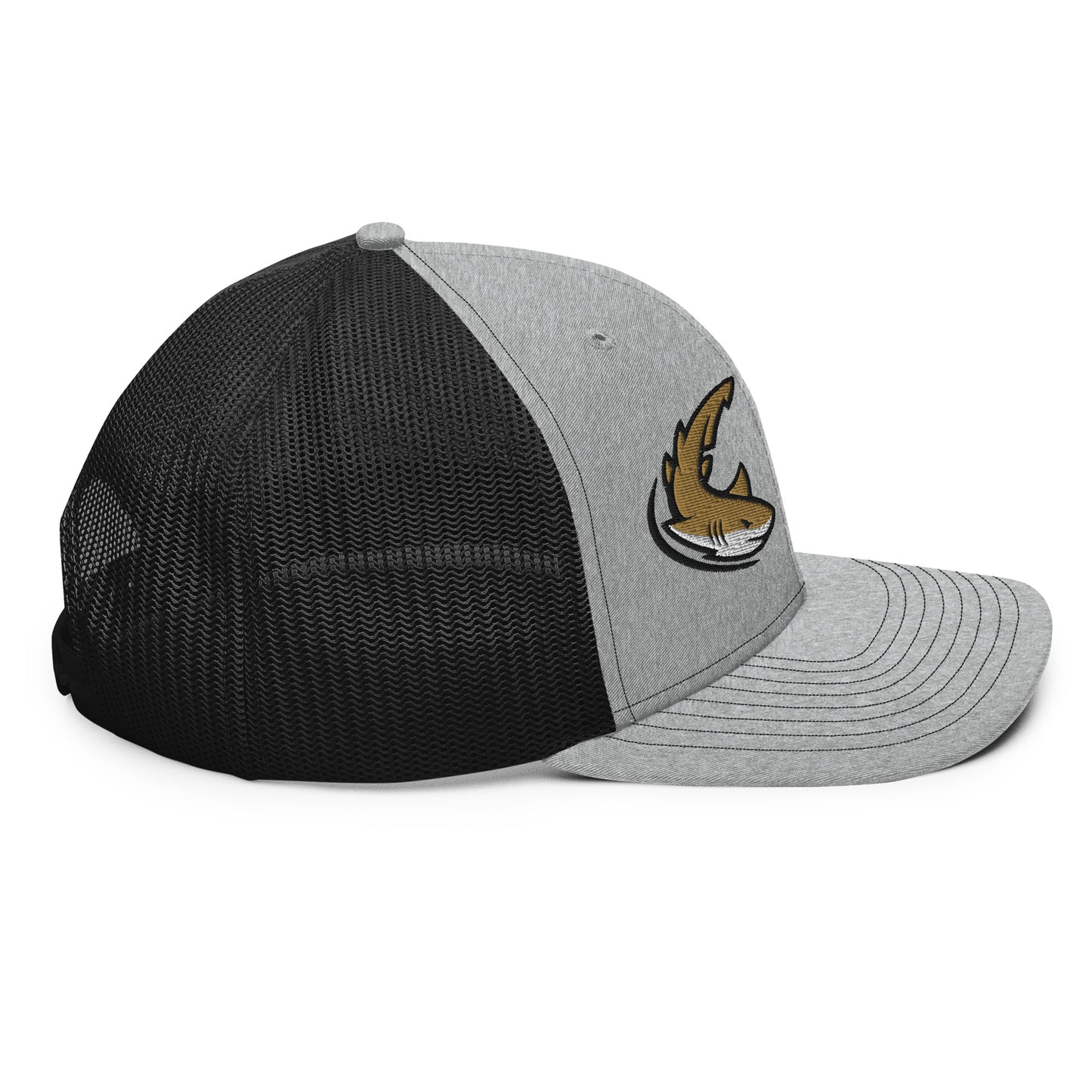 Heather grey and black mesh fishing trucker hat with brown fish graphic and curved bill, funny fishing hat. - Shark Chase Trucker Hat – Fish Series Richardson 112