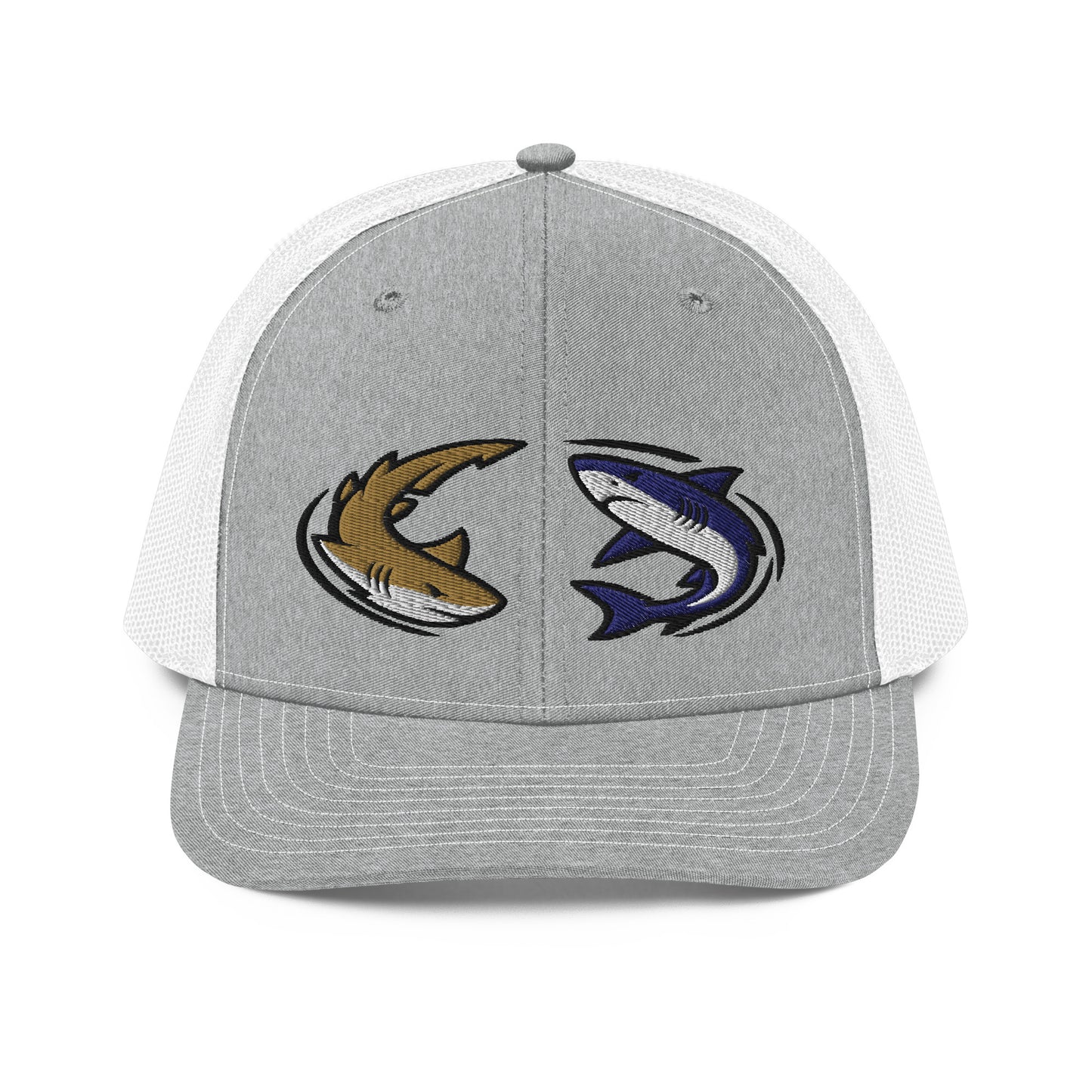Heather grey and white trucker fishing hat with funny shark graphic on front, snapback closure. - Shark Chase Trucker Hat – Fish Series Richardson 112