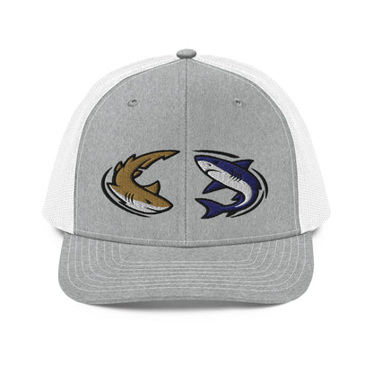 Heather grey and white trucker fishing hat with funny shark graphic on front, snapback closure. - Shark Chase Trucker Hat – Fish Series Richardson 112