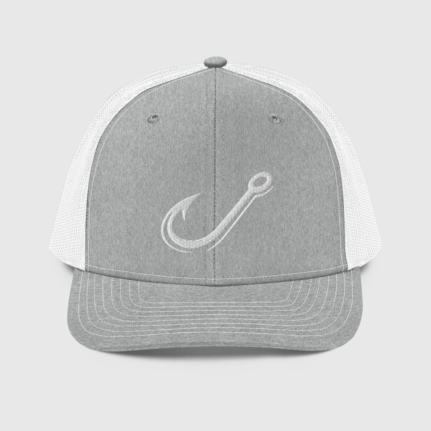 Heather grey and white Richardson 112 trucker fishing hat with embroidered fishing hook design, snapback closure, funny. - Classic J Hook Trucker Hat – Richardson 112 Fishing Hat