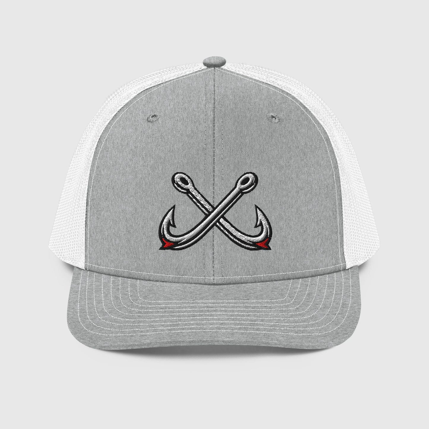 Heather grey and white trucker fishing hat with crossed hooks embroidered on front, funny fishing hat design. - Crossed Hooks Trucker Hat – Richardson 112 Fishing Hat