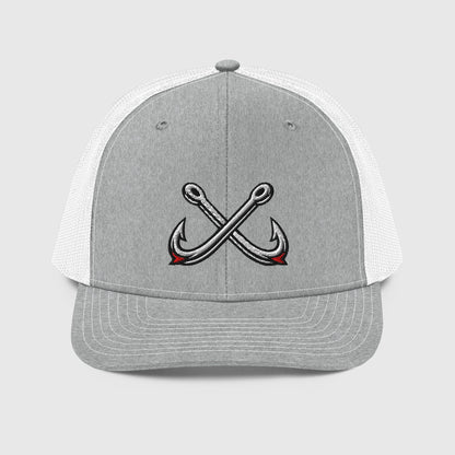 Heather grey and white trucker fishing hat with crossed hooks embroidered on front, funny fishing hat design. - Crossed Hooks Trucker Hat – Richardson 112 Fishing Hat