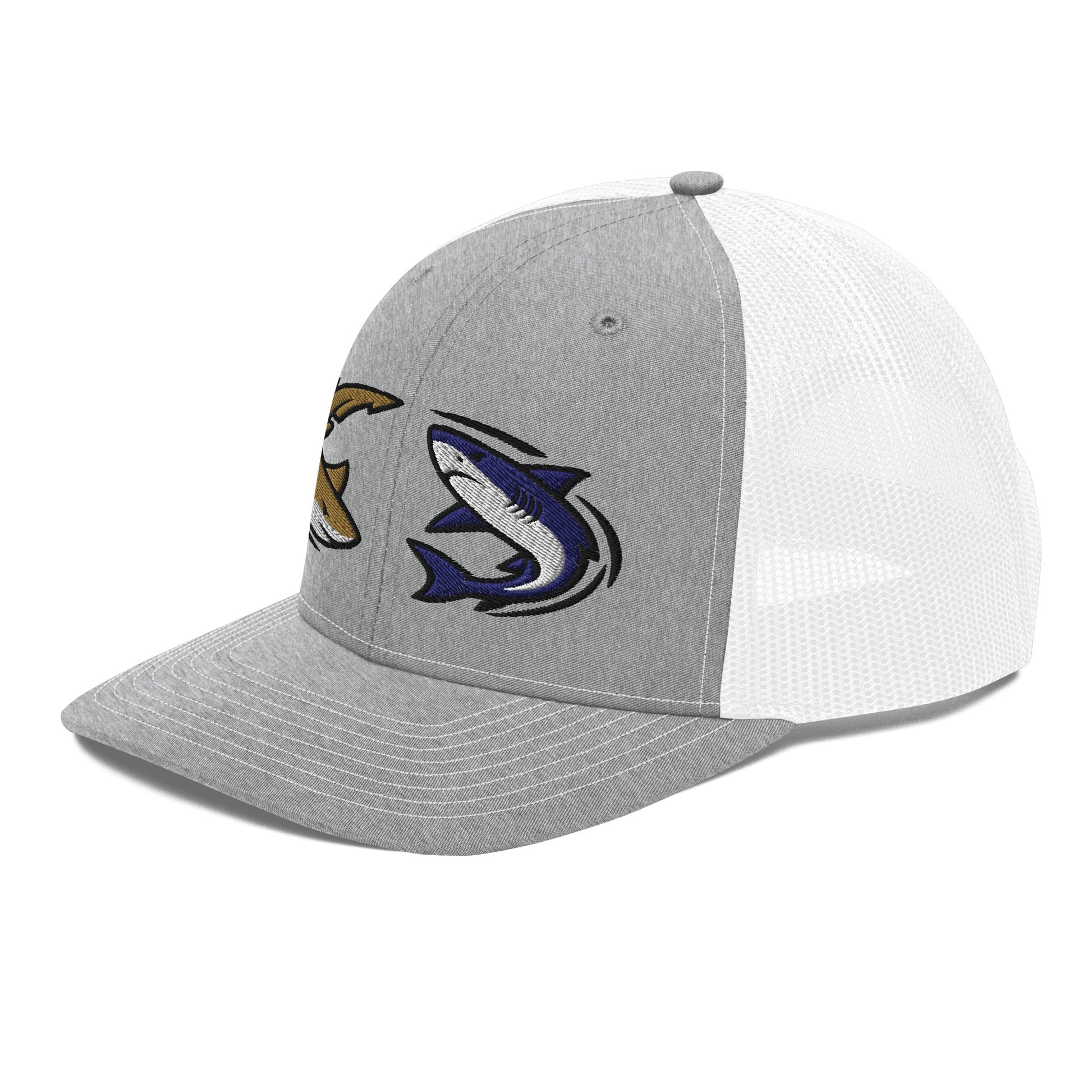 Heather grey and white mesh fishing hat with embroidered shark graphic and snapback closure, funny fishing hat style. - Shark Chase Trucker Hat – Fish Series Richardson 112