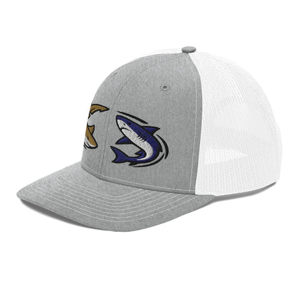 Heather grey and white mesh fishing hat with embroidered shark graphic and snapback closure, funny fishing hat style. - Shark Chase Trucker Hat – Fish Series Richardson 112