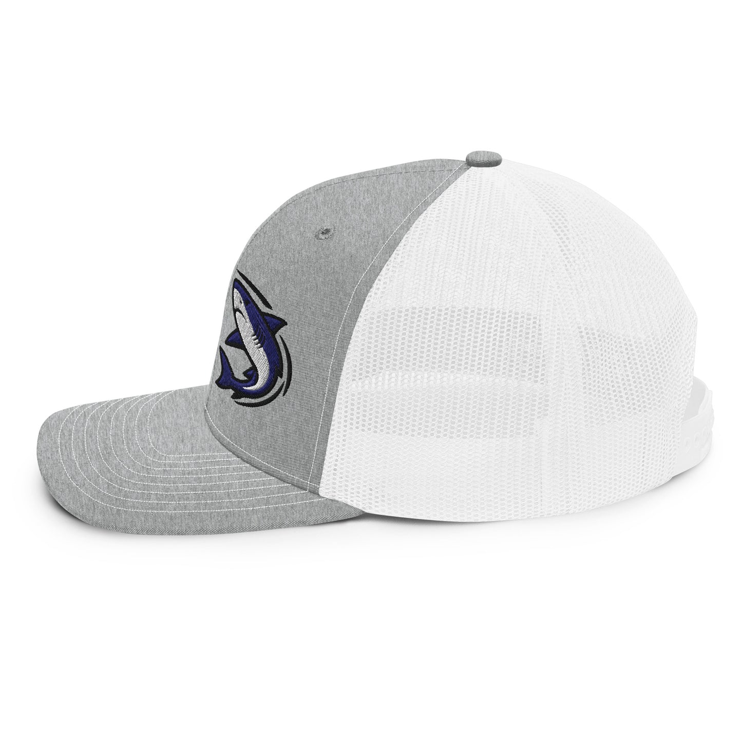 Heather grey and white mesh trucker hat with embroidered fish graphic, fishing hat, funny fishing hat. - Shark Chase Trucker Hat – Fish Series Richardson 112