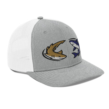 Heather grey and white fishing hat with humorous shark graphic, mesh back, snapback closure. - Shark Chase Trucker Hat – Fish Series Richardson 112