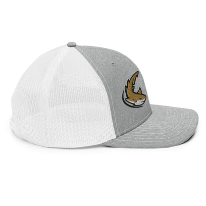 Heather grey and white trucker fishing hat with funny fish graphic patch and mesh back. - Shark Chase Trucker Hat – Fish Series Richardson 112