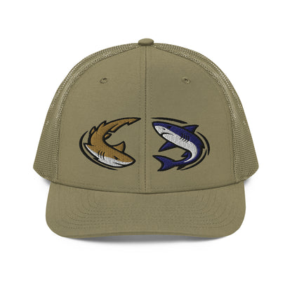 Loden green trucker hat with curved brim and embroidered shark graphics, funny fishing hat design. - Shark Chase Trucker Hat – Fish Series Richardson 112