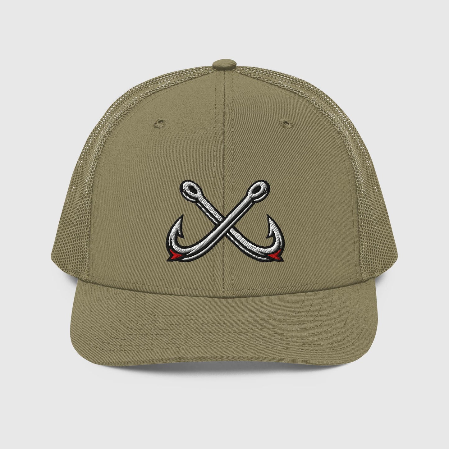 Loden green trucker fishing hat with crossed hooks embroidery and mesh back panels. - Crossed Hooks Trucker Hat – Richardson 112 Fishing Hat