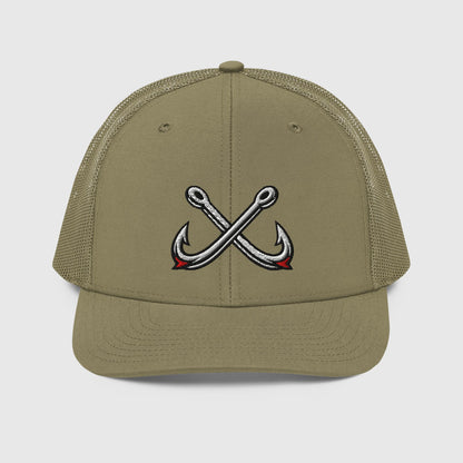Loden green trucker fishing hat with crossed hooks embroidery and mesh back panels. - Crossed Hooks Trucker Hat – Richardson 112 Fishing Hat