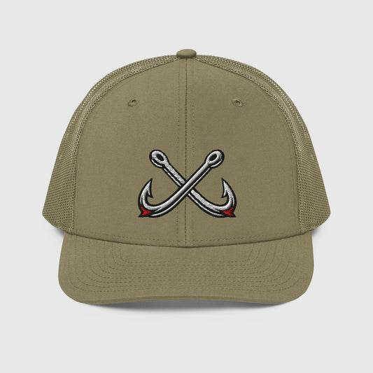 Loden green trucker fishing hat with crossed hooks embroidery and mesh back panels. - Crossed Hooks Trucker Hat – Richardson 112 Fishing Hat