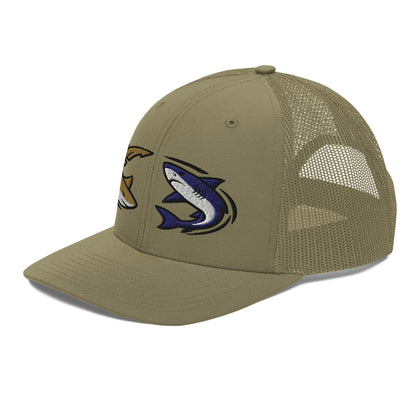 Olive green mesh trucker hat with embroidered shark graphic, funny fishing hat style. - Shark Chase Trucker Hat – Fish Series Richardson 112