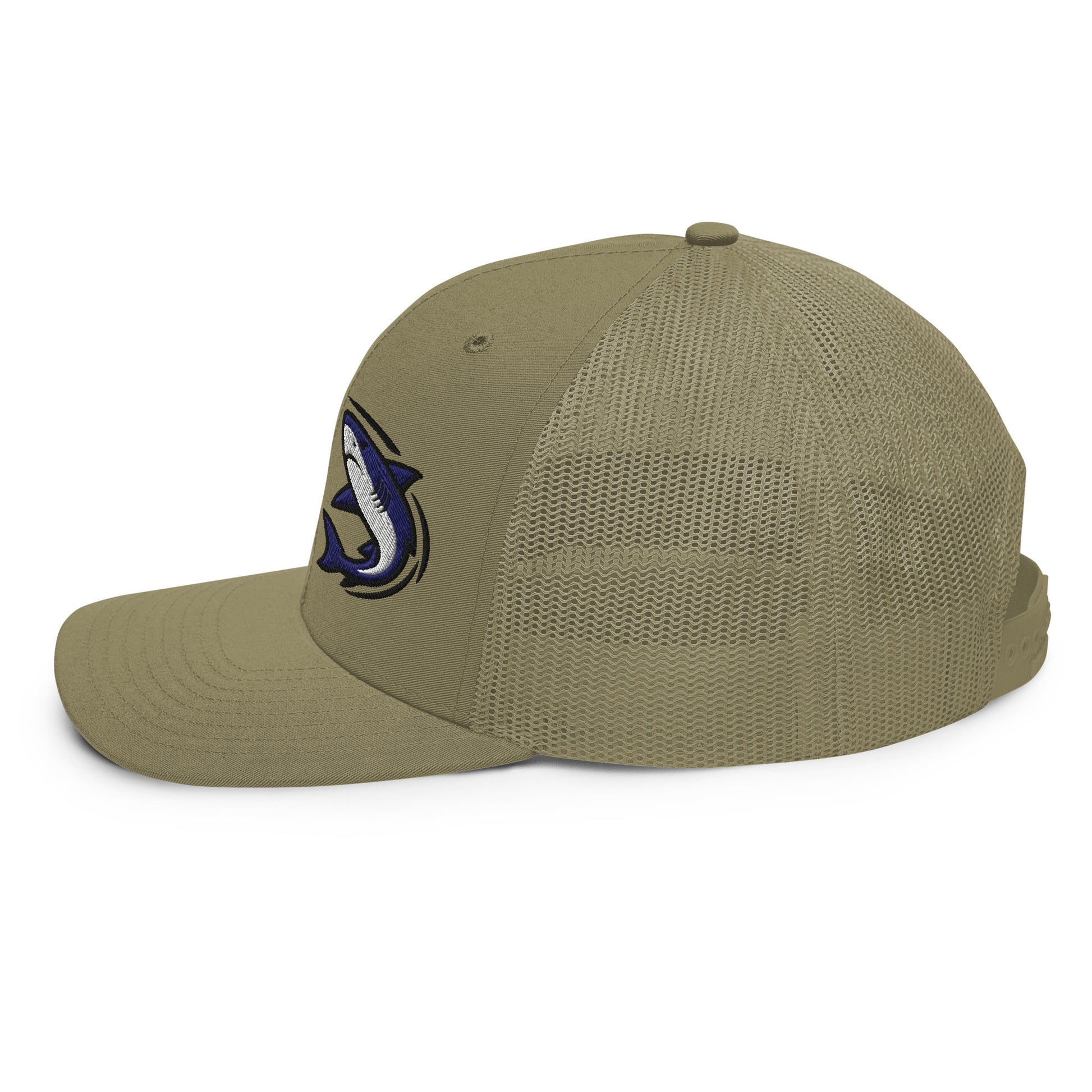 Loden fishing trucker hat with mesh back and funny fish graphic, snapback closure. - Shark Chase Trucker Hat – Fish Series Richardson 112