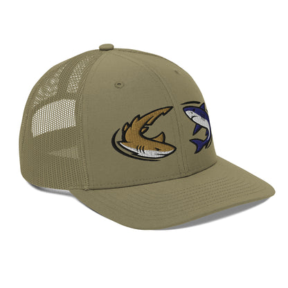 Loden green trucker hat with cartoon shark graphic fishing hat design, snapback closure. - Shark Chase Trucker Hat – Fish Series Richardson 112