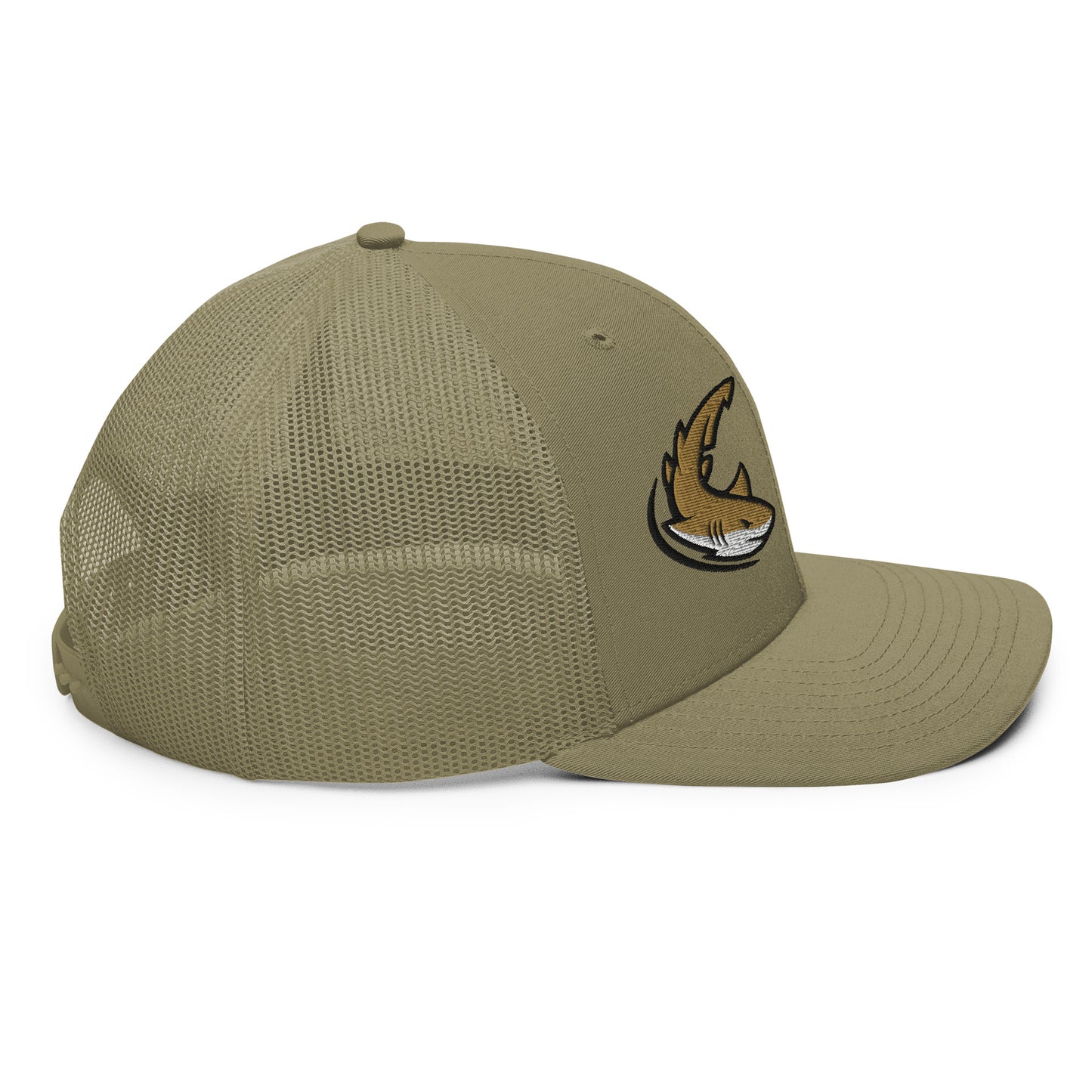 Loden Shark Chase trucker hat with mesh back and funny fishing hat graphic on front panel. - Shark Chase Trucker Hat – Fish Series Richardson 112
