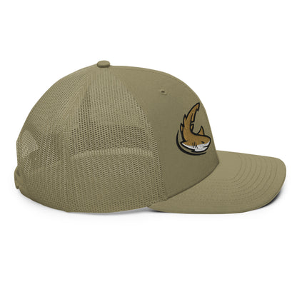 Loden Shark Chase trucker hat with mesh back and funny fishing hat graphic on front panel. - Shark Chase Trucker Hat – Fish Series Richardson 112