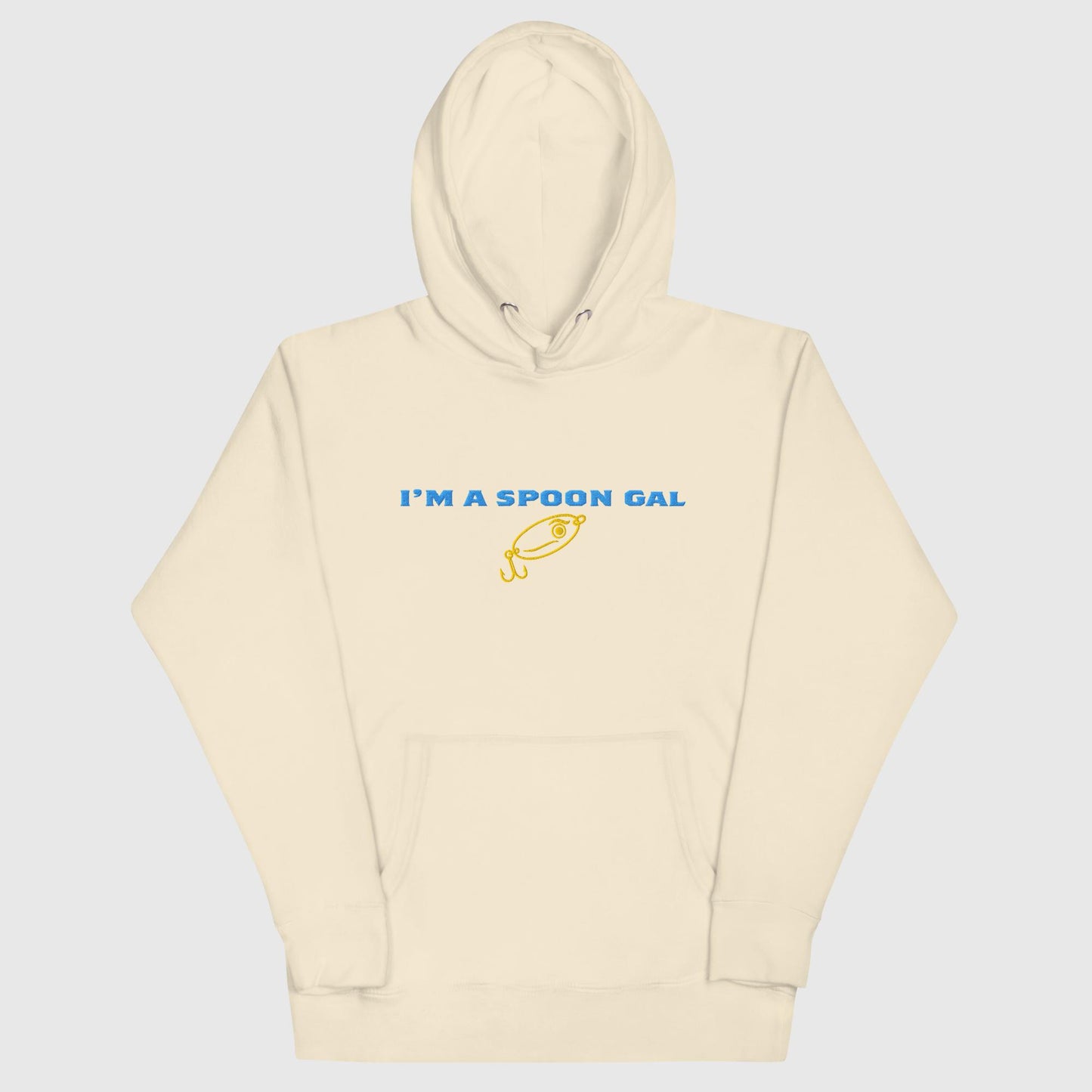 Bone-colored hoodie with "I'm a Spoon Gal" text and fish graphic