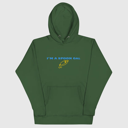 Forest green hoodie with blue text "I'M A SPOON GAL" and yellow fishing lure graphic, casual style fishing hat hoodie. - Spoon Gal Hoodie
