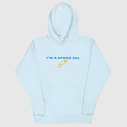 Light blue hoodie with "I’m a Spoon Gal" text and yellow fishing lure graphic on front. - Spoon Gal Hoodie