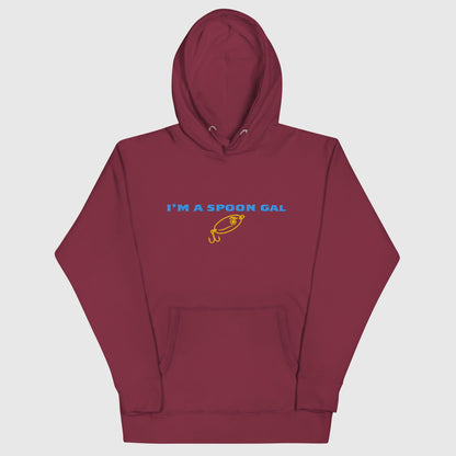 Maroon hoodie with front pocket featuring blue "I’m a Spoon Gal" text and yellow fishing lure graphic, funny fishing hat. - Spoon Gal Hoodie