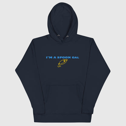 Navy blue hoodie with "I'm a Spoon Gal" text and yellow fishing lure graphic, casual fishing hat style. - Spoon Gal Hoodie