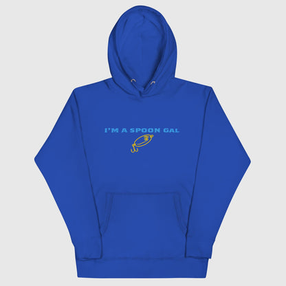 Royal blue hoodie with "I'M A SPOON GAL" text and yellow fishing lure graphic, funny fishing hat theme. - Spoon Gal Hoodie