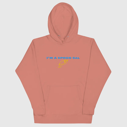 Dusty rose hoodie with blue text "I'm a Spoon Gal" and yellow fishing hook graphic, fishing hat theme. - Spoon Gal Hoodie