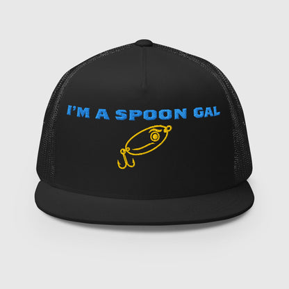Black funny fishing hat with blue "I'M A SPOON GAL" text and yellow fishing lure graphic. - Spoon Gal Trucker Hat