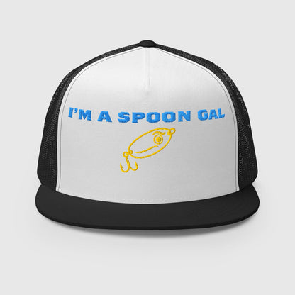Black and white trucker fishing hat with blue "I'M A SPOON GAL" text and yellow fish graphic, funny fishing hat style. - Spoon Gal Trucker Hat