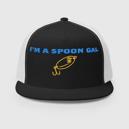 Black and white trucker hat with blue text "I'M A SPOON GAL" and yellow fishing lure graphic, funny fishing hat. - Spoon Gal Trucker Hat