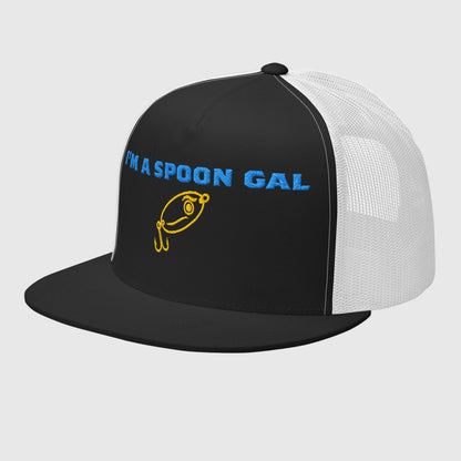Black and white trucker hat with blue "I'M A SPOON GAL" text and yellow fishing lure graphic, funny fishing hat style. - Spoon Gal Trucker Hat
