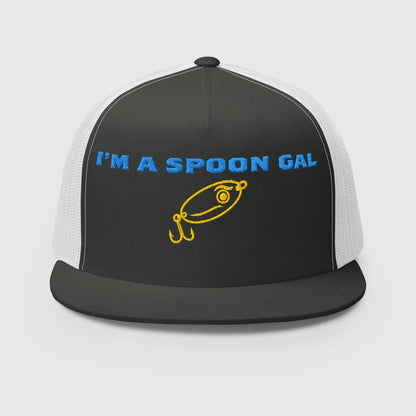 Black and white trucker hat with blue "I'M A SPOON GAL" text and yellow fishing lure graphic, funny fishing hat style. - Spoon Gal Trucker Hat