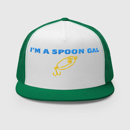 Green and white trucker hat with blue text "I'M A SPOON GAL" and yellow spoon lure graphic, funny fishing hat. - Spoon Gal Trucker Hat
