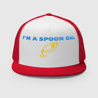 White and red trucker hat with blue "I'M A SPOON GAL" text and yellow fish graphic, funny fishing hat style. - Spoon Gal Trucker Hat