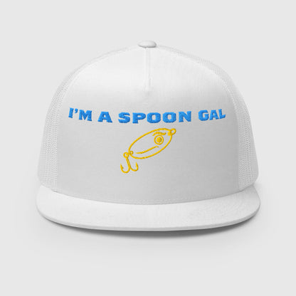 White snapback trucker fishing hat with blue "I'm a Spoon Gal" text and yellow fish graphic. - Spoon Gal Trucker Hat