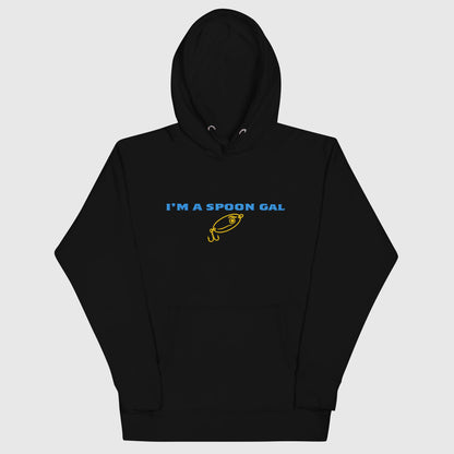 Black hoodie with front pocket, blue text "I'M A SPOON GAL," and yellow fishing lure graphic, funny fishing hat theme. - Spoon Gal Hoodie