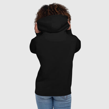 Black hoodie with a large hood, worn by a person facing away, paired with jeans. - Spoon Gal Hoodie