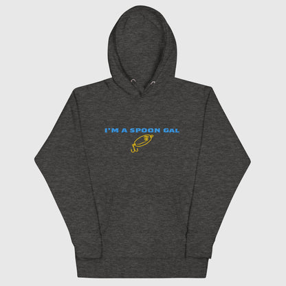 Charcoal heather hoodie with blue and yellow "I'm a Spoon Gal" graphic and fishing hat illustration, funny fishing hat design. - Spoon Gal Hoodie