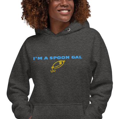 Charcoal Heather hoodie with blue text "I'M A SPOON GAL" and yellow fishing lure graphic, casual style. - Spoon Gal Hoodie