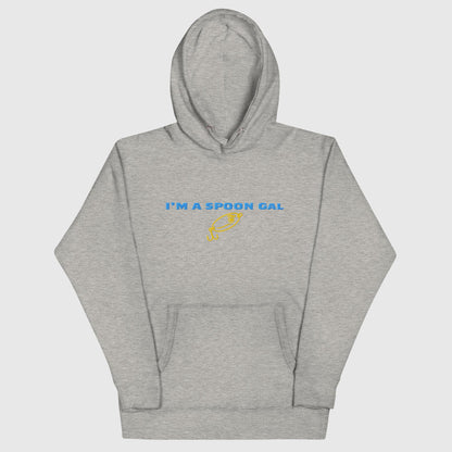 Gray hoodie with “I’m a Spoon Gal” text and yellow fishing hook graphic, front pocket. - Spoon Gal Hoodie
