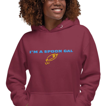Maroon hoodie with blue text "I'M A SPOON GAL" and yellow fishing spoon graphic, funny fishing hat theme. - Spoon Gal Hoodie