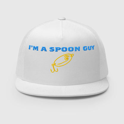 White snapback fishing hat with blue "I'M A SPOON GUY" text and yellow fish graphic, funny fishing hat design. - Spoon Guy Trucker Hat