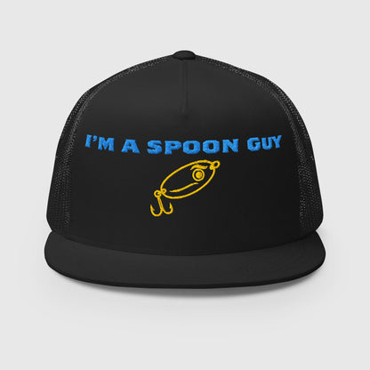 Black trucker hat with blue "I'M A SPOON GUY" text and yellow fishing lure graphic, funny fishing hat design. - Spoon Guy Trucker Hat