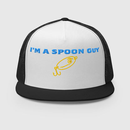 Black and white trucker fishing hat with blue "I'M A SPOON GUY" text and yellow fish graphic, funny fishing hat design. - Spoon Guy Trucker Hat