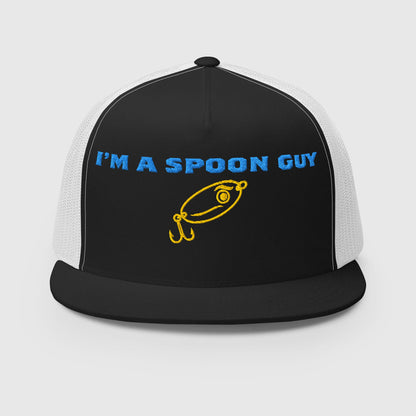 Black and white trucker hat with blue "I'M A SPOON GUY" text and yellow fishing lure graphic, funny fishing hat design. - Spoon Guy Trucker Hat