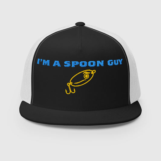 Black and white trucker hat with "I'm a Spoon Guy" text and yellow lure graphic