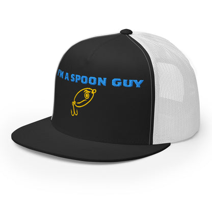 Black and white trucker fishing hat with blue "I'M A SPOON GUY" text and yellow fish graphic, funny fishing hat design. - Spoon Guy Trucker Hat