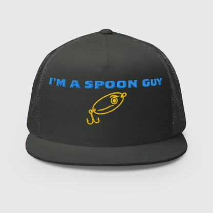 Black trucker hat with blue "I'M A SPOON GUY" text and yellow fishing lure graphic, funny fishing hat design. - Spoon Guy Trucker Hat