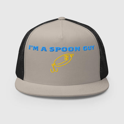 Beige and black trucker hat with blue "I'M A SPOON GUY" text and yellow fishing lure graphic, funny fishing hat design. - Spoon Guy Trucker Hat