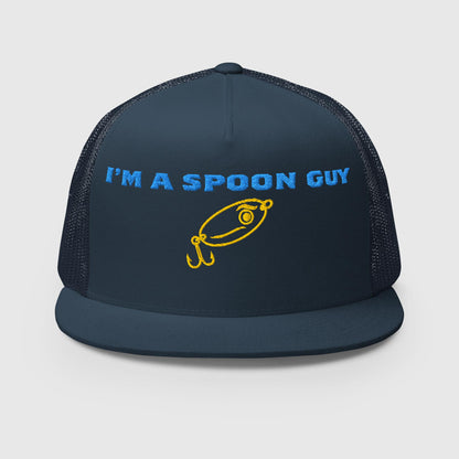 Navy funny fishing hat with blue "I'M A SPOON GUY" text and yellow fishing lure graphic trucker hat. - Spoon Guy Trucker Hat